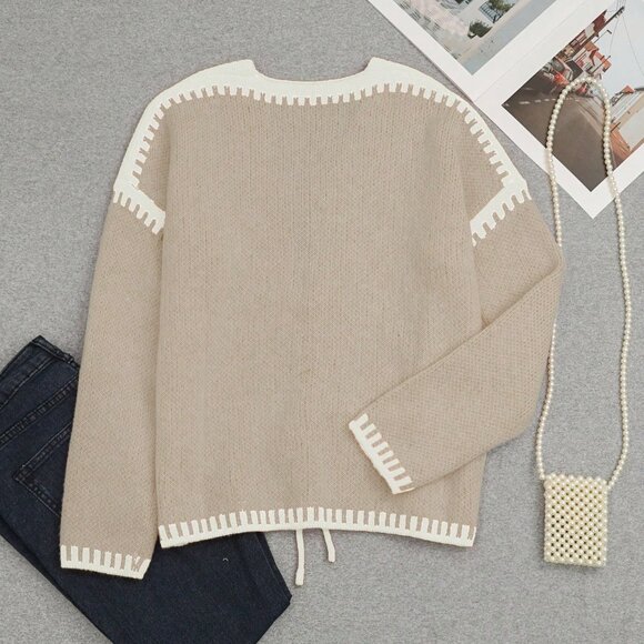 Khaki Preppy Women's Oversized Cardigan - Picture 2 of 3